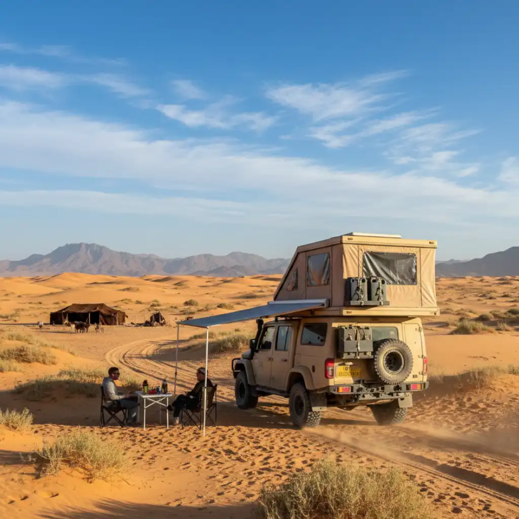 Camping car parked at the edge of Sahara dunes in Merzouga Morocco at sunset