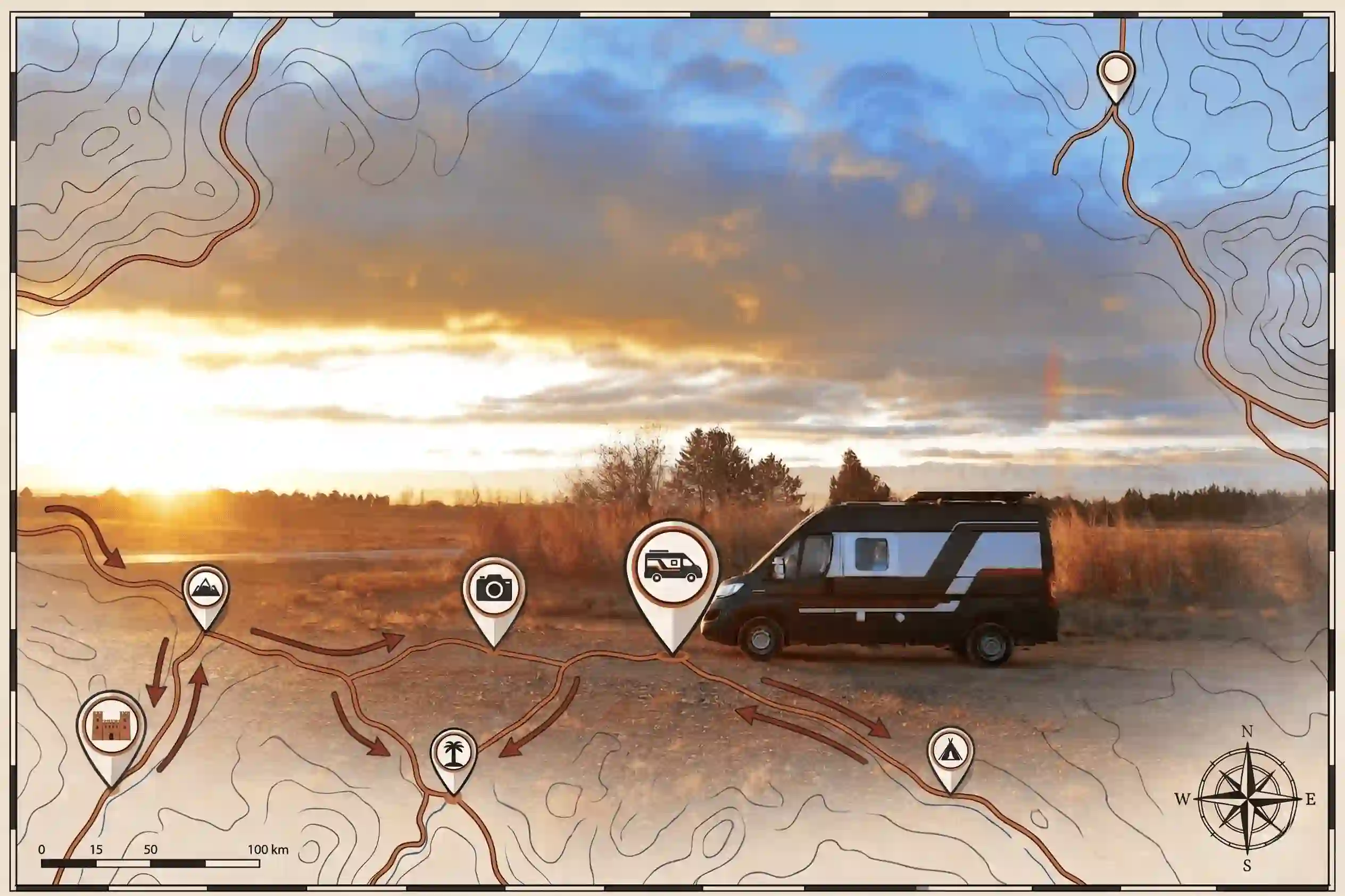 Motorhome rental Morocco — campervan parked in the Sahara desert at sunset