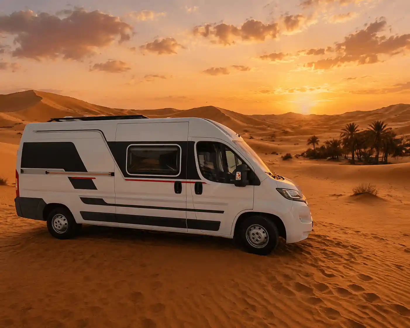 Sahara desert campervan Morocco — motorhome parked at Erg Chebbi dunes Merzouga