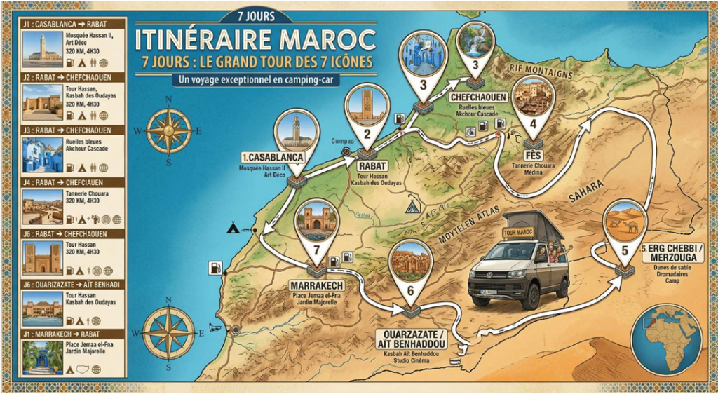 Camper Van Rental Morocco | Itinéraire Maroc 7 jours : désert, Atlas et océan — le guide complet pour camping-car