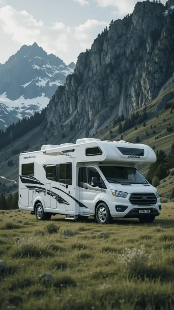 Rent a Camper Van in Morocco | Airport Transfers | Best Road Trip Destinations in Morocco: Your Ultimate Guide to Freedom on Wheels A modern campervan parked overlooking a spectacular valley in the High Atlas Mountains of Morocco, illustrating the best road trip destinations in Morocco